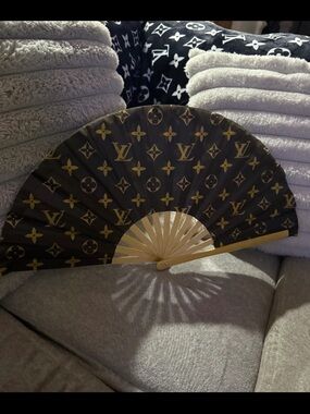 Luxury Black and Gold Folding Hand Fan – Designer Monogram Style